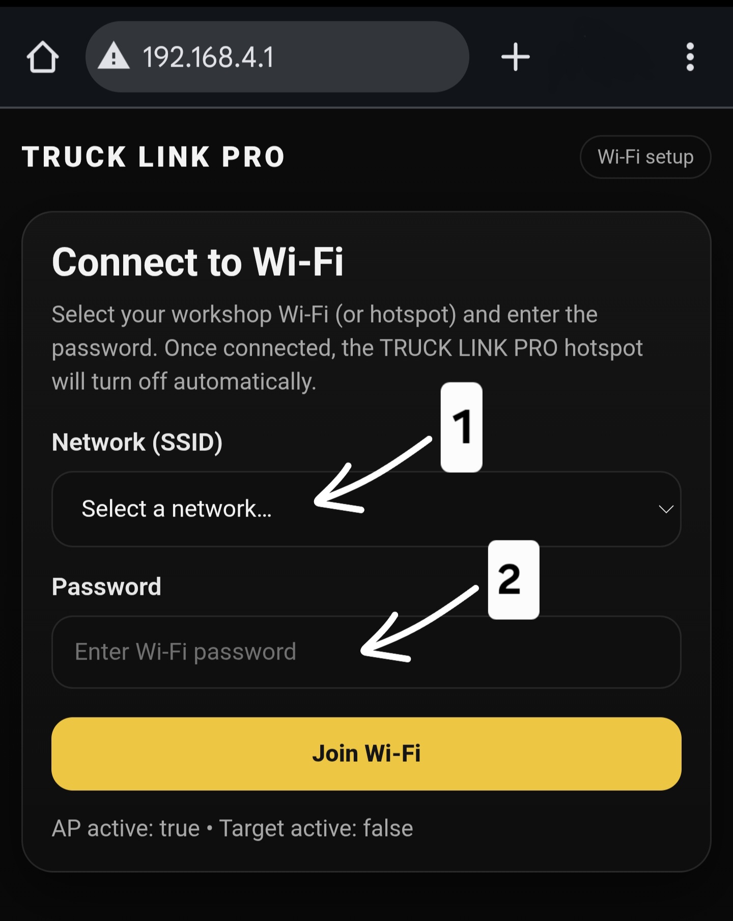 Portal page showing Select a network and Password fields