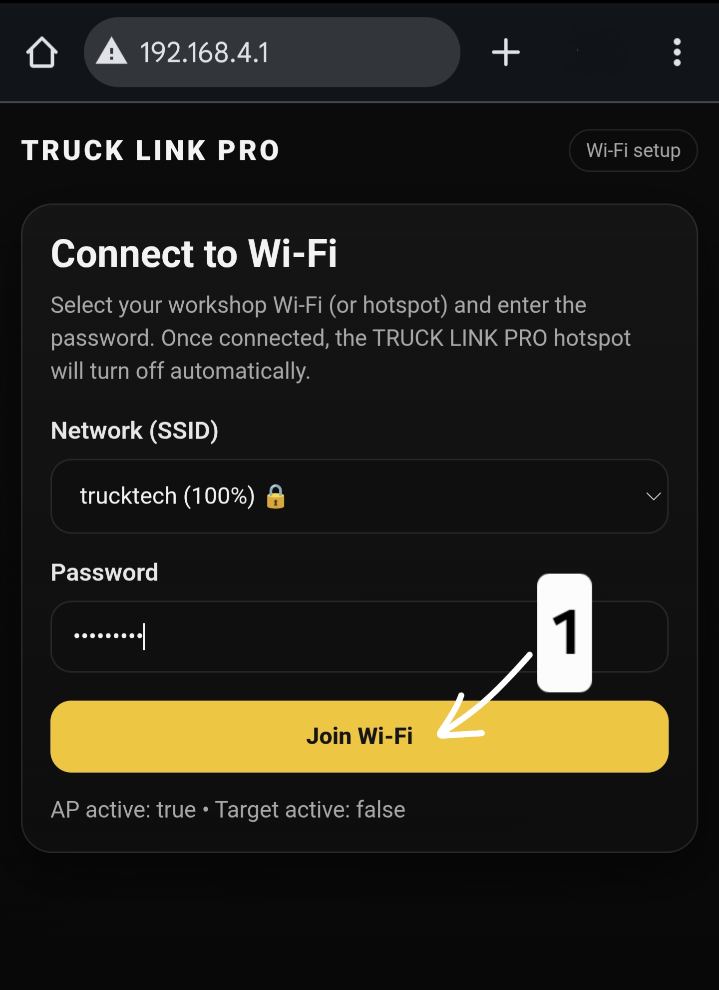 Portal page with network selected and Join Wi-Fi button