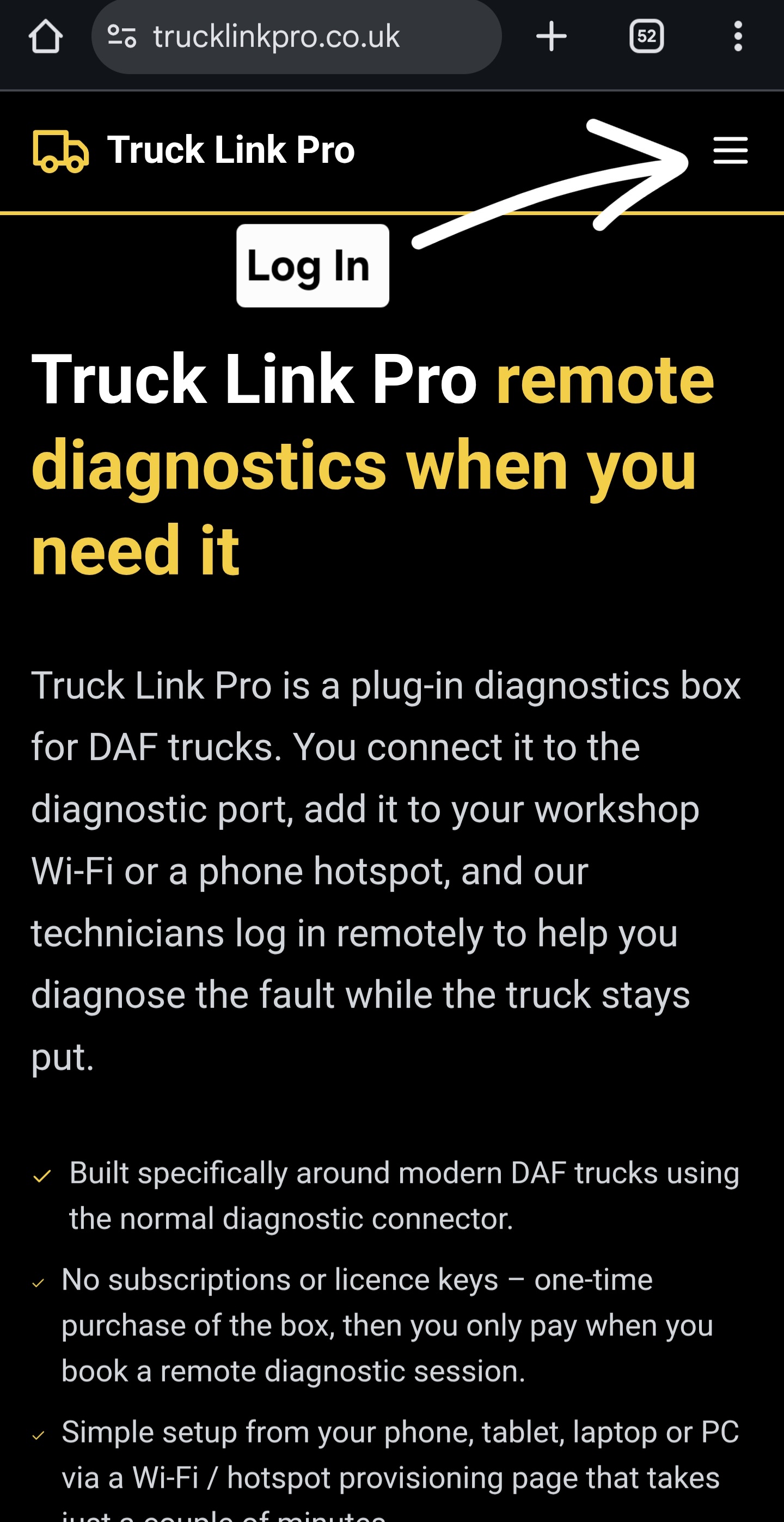 Trucklinkpro.co.uk homepage showing menu/login
